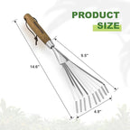 Haliaeetus Garden Hand Rake, 14.6'' Small Rake for Tight Areas, 9 Tines Stainless Steel Garden Rake with Ergonomic Wood Handle for Clearing Leaves and Loose Debris in Flower Bed and Around Plants