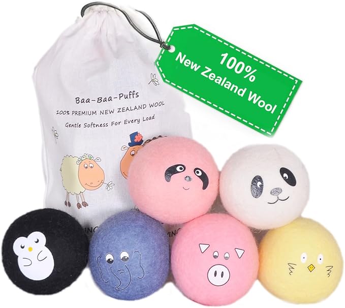 ZnX Wool Dryer Balls 6 Pack XL Eco-Friendly, Renewable and Biodegradable Crafted from 100% Organic New Zealand Sheep Wool, Wool Balls Replaces Dryer Sheets - Laundry Balls with Storage Bag