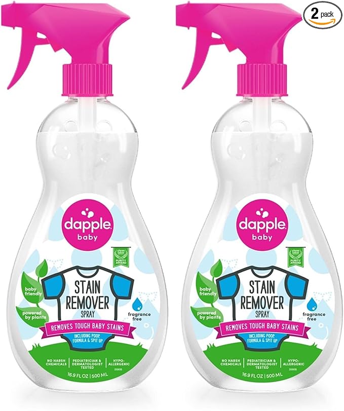Stain Remover Spray by Dapple Baby, Fragrance Free, 16.9 Fl Oz Spray Bottle - Plant-Based & Hypoallergenic - Baby Laundry Stain Remover for Clothes & Cloth Diapers (Pack of 2)