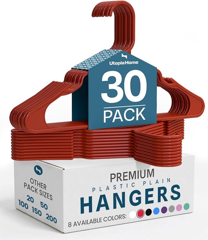 Utopia Home Plastic Hangers 30 Pack - Perfect Space Saving Clothes Hanger - Durable and Strong - Perfect Closet Organizers with Shoulder Grooves (Red)