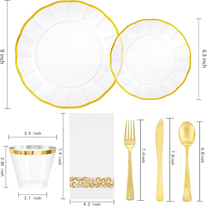 LIYH 700 Pcs Gold Plastic Dinnerware Set for 100 Guests, Disposable Plastic Wavy Clear Plates for Wedding Include 100 Dinner & Dessert Plates, 100 Napkins, 100 Cups, 100 Cutlery for Party Birthday