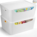 White Small Storage Bins with Lids 2 Pack for Organization for Pantry Bathroom Shelves Closet Cabinets, Stackable Plastic Storage Basket with Lid, Lidded Organizing Bin Containers for Shelf and Crafts