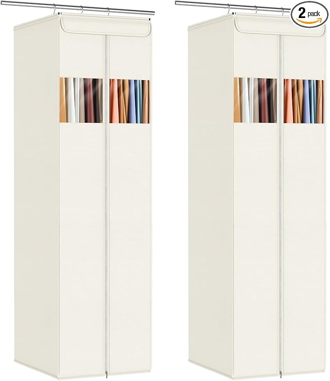 Zilink Long Garment Bags for Gowns 65" Dress Bags for Gowns with Clear Window Space Saving Dress Bags for Hanging Clothes for Long Dresses, Winter Coat, Trousers, Fur, Beige, 2-Pack