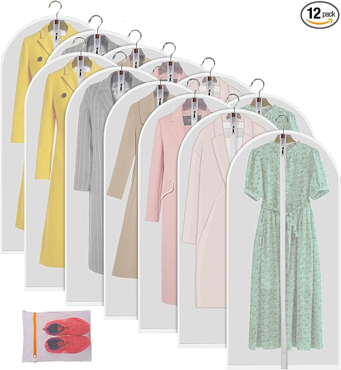 MsKitchen 12 Pack Garment Bags for Hanging Clothes (24x48") - Dustproof Suit Bags - Durable PEVA Dress Covers with Sturdy Zipper for Coats, Jackets, Pants & Uniforms (Translucent)