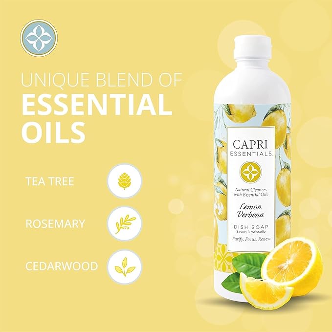 CAPRI ESSENTIALS Dish Soap Liquid, Natural Household Cleaning, Plant Based Aromatic Dish Detergent, Blend of Essential Oils with Tea Tree, Rosemary & Cedarwood, Lemon Verbena, 16 FL Oz (6 Pack)