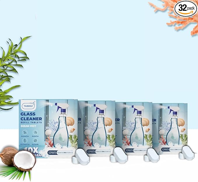 Glass Cleaner Refill Tablets | Plant-Based Streak-Free Window & Mirror Cleaner | Non-Toxic & Eco-Friendly Cleaning Solution | Plastic-Free Packaging | Ocean Mist - Pack of 32