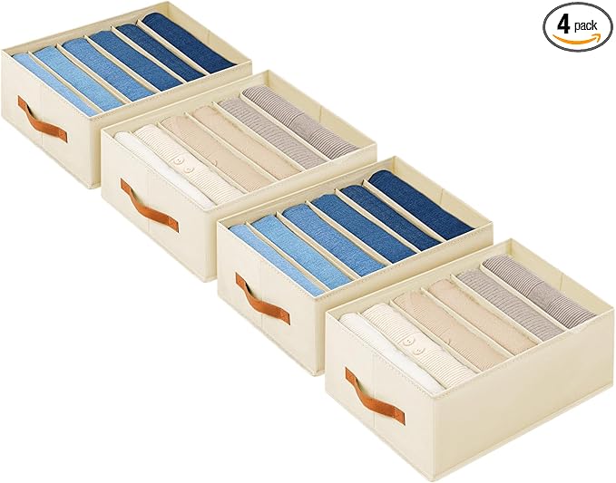 Homsorout Closet Organizers and Storage - Fabric Clothes Organizer with Handles, Foldable Jeans Organizer for Clothes, Drawer Organizer for Shirts, Bra, Sweater, Scarf, 4 Pack, Beige