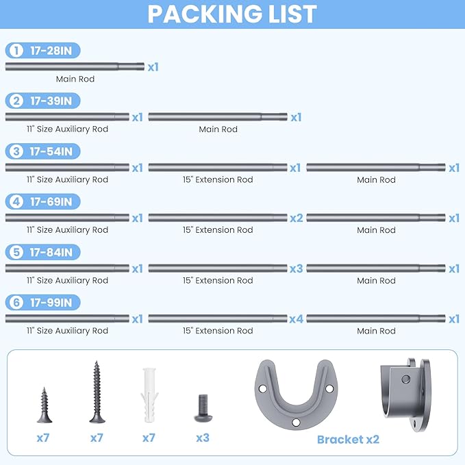 Closet Rods for Hanging Clothes, 17 to 54 Inches No-Cut Stepless Adjustable Closet Rod, 1.3 Inches Expandable Metal Heavy Duty Closet Hanging Rod for Closet Wardrobe Bathroom Laundry RV, Silver