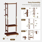 Taitiy Coat Rack Solid Wood Clothes Rack with 2 Shelves & 4 Hooks for Hanging Clothes Garment Wallets Hats, Clothing Rack Coat Rack Freestanding Hall Tree with Storage for Hallway Bedroom Living Room