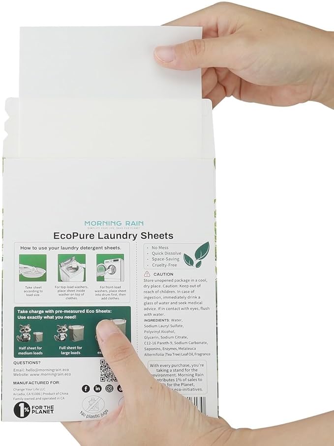 MorningRain Eco-Safe Laundry Detergent Sheets - Ingredients from Finland, Natural Scent, Bio-Enzyme Formula, Power Clean, 5 Sheets (Up to 10 Loads) - Non-Toxic, Preservative-Free, Designed in USA