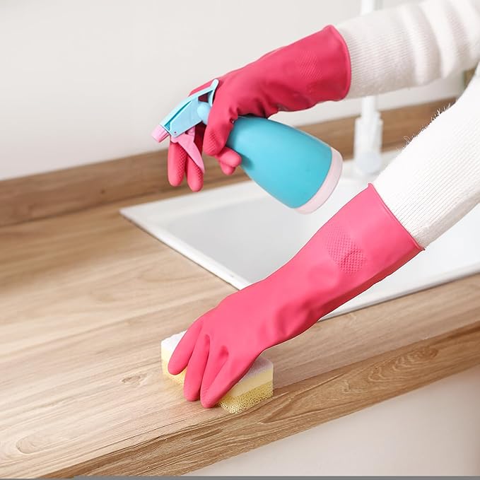 Bamllum Rubber Cleaning Gloves for Kitchen - 4 Pairs Reusable Dishwashing Gloves for Household, Flexible Long-lasting & Waterproof (Medium, Blue+Green+Red+Orange)