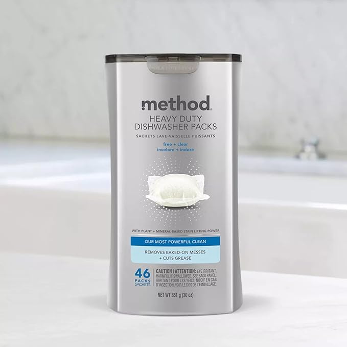 Method Dishwasher Detergent Packs, Heavy Duty, Fragrance Free + Clear, Dishwashing Rinse Aid to Lift Tough Grease and Stains, 46 Dishwasher Tabs per Package, (Pack of 2)