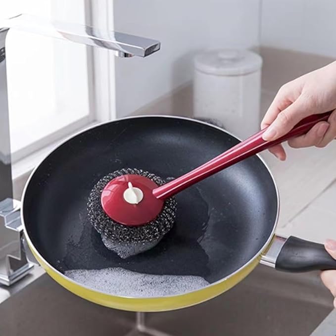 Steel Wool Brush Long Handle Stainless Steel Scrubbers Brush with Replacement Pad for Grill BBQ Pots Pans