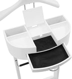 Suit Valet Stand Wood Valet Stand for Man, Wooden Clothing Valet Stand with Contour Hanger, Tray, Trouser Bar, Tie Bar and Base, Mens Valet Stand for Entryway Office Living Room (White)