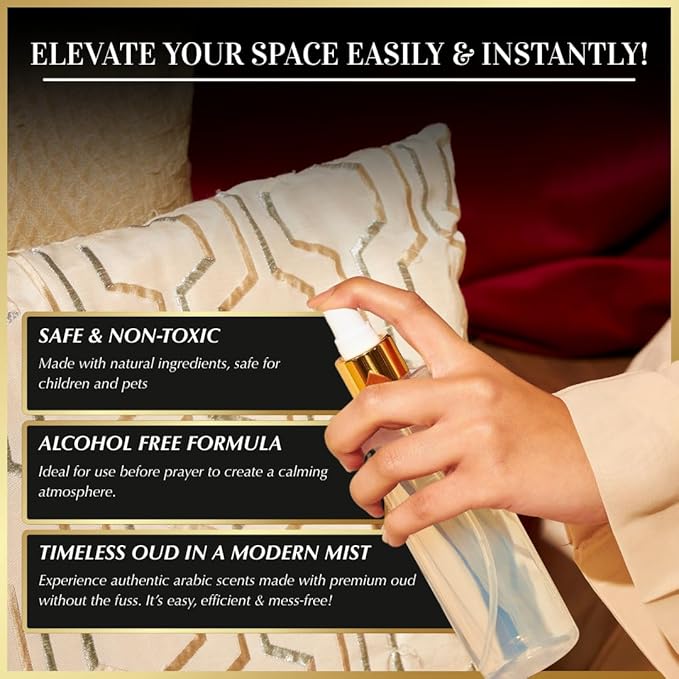 Oud al Mukhtar Arabic Room Spray by Dukhni | 250ml Oud fragrance Air Freshener, Attar al Faraash for home & prayer mats | Bed linen, Sofa Mist, natural home scent, curtain spray, odour eliminator