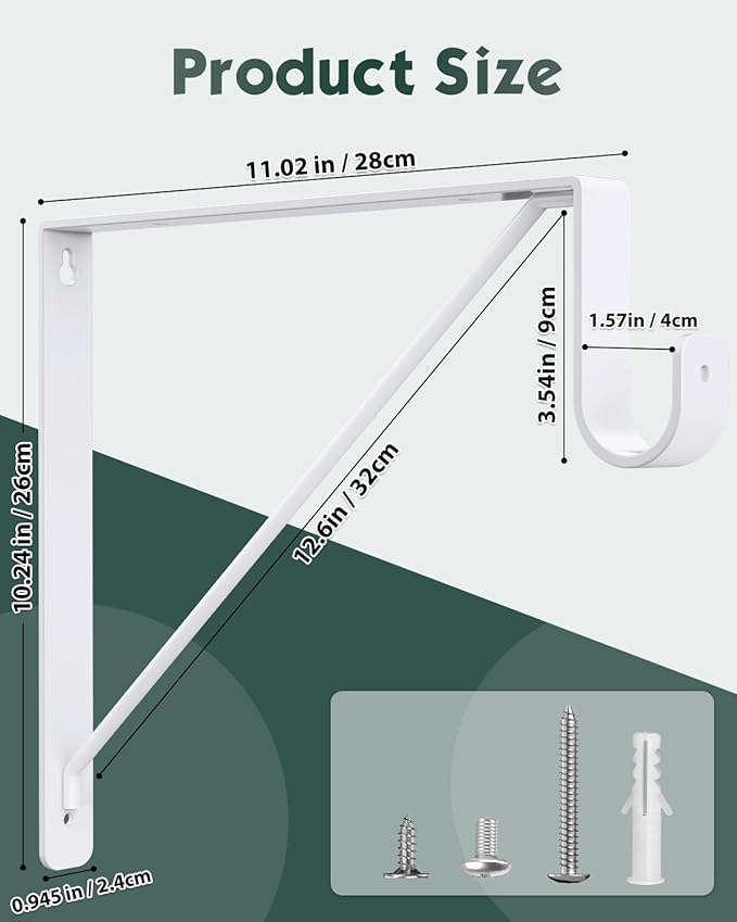 Supforce 4 Pack Closet Rod Bracket, Heavy Duty Closet Rod Support with Rod Holder, Wall Mounted Closet Shelf Brackets with Triangle Stabilizing Design for Closet, Bathroom and Kitchen, White