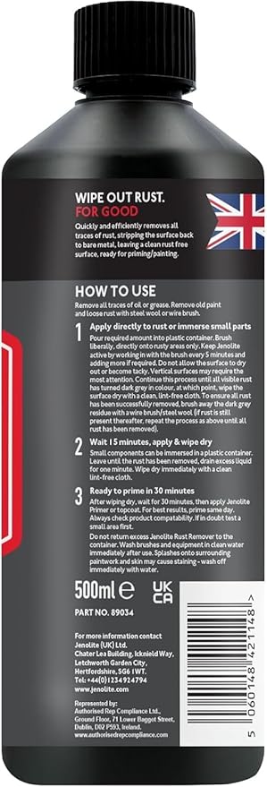 JENOLITE Rust Remover for Metal 17oz (500 ml). Fast‑Acting No‑Drip Thick Liquid Removes Rust to Bare Metal, Industrial Strength. Made in Britain