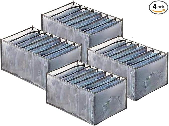 Wardrobe Clothes Organizer, 7 Grids Washable Portable Closet Organizer Mesh Separation Storage Box Foldable Closet Drawer Organizer for Underwear, Socks, Scarves, Jeans (Grey, 4 Jeans Grid)
