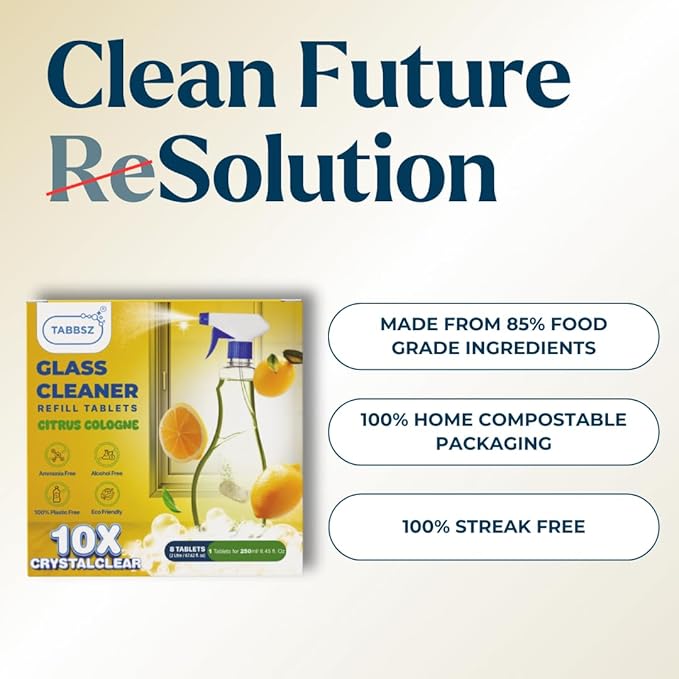 Glass Cleaner Refill Tablets | Plant-Based Streak-Free Window & Mirror Cleaner | Non-Toxic & Eco-Friendly Cleaning Solution | Plastic-Free Packaging | Citrus Cologne - Pack of 8