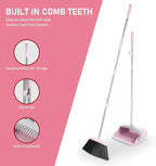 Broom and Dustpan Set, 54” Long Adjustable Household Hand Broom with Dustpan Teeth to Clean Hair Broom with Dustpan Set Heavy Duty to Clean Hair for Home Lobby Office (Pink)