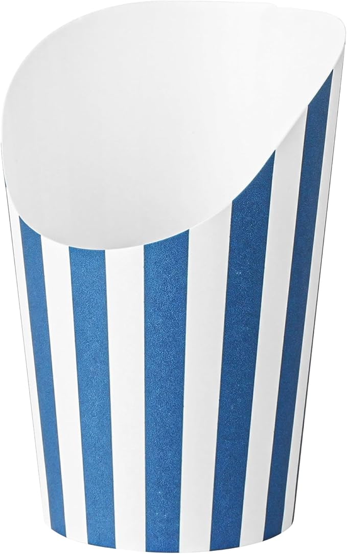 Restaurantware Bio Tek 12 Ounce French Fry Containers 100 Disposable Charcuterie Cups - Incline Design Round Striped Paper French Fry Cups Stackable For Waffles Chips or Popcorn