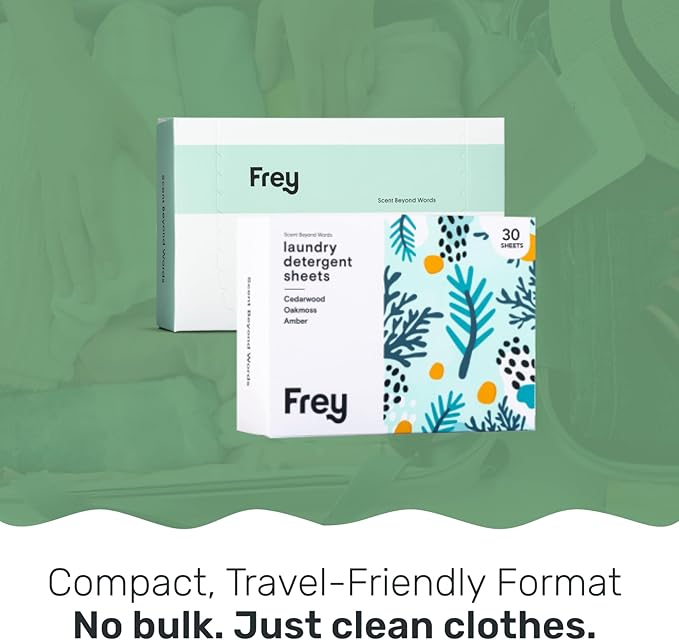 FREY Laundry Detergent & Dryer Sheets Bundle | 60 Count | Plastic Free | Liquidless Full Wash Solution | Soft Fresh Clothes (Cedar Grove)