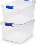 HOMZ 2-Pack Latching Lid, Large Clear Plastic Storage Bins with Lids, 66 Quart, Blue Latch - Stackable Container Boxes for Home, Bathroom, and Office Organization