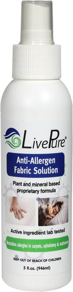 LivePure Anti-Allergen 3 OZ Fabric Spray for Household Surfaces. Plant-Based Allergy Spray for Dust Mites and Pet Dander. Fragrance Free - 5 Pack