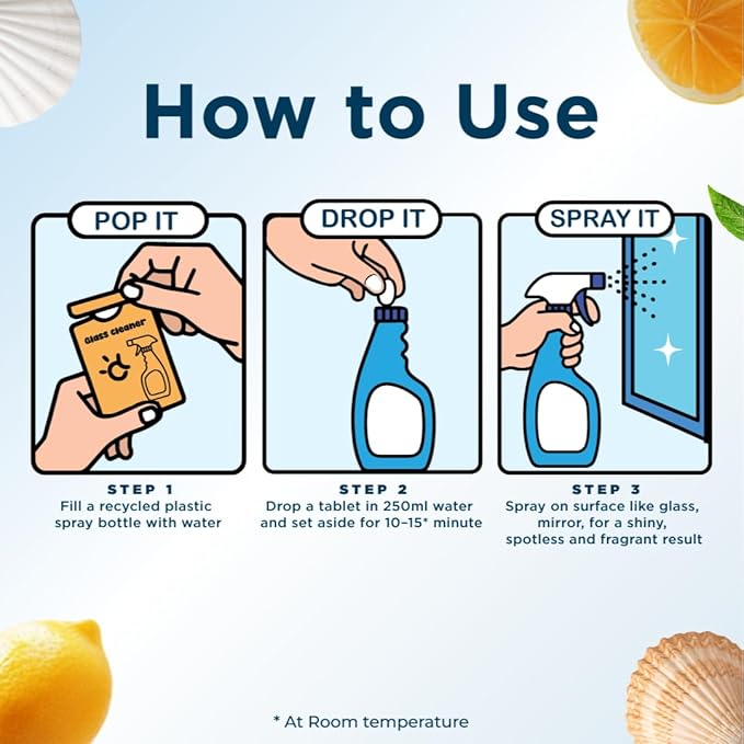 Glass Cleaner Refill Tablets | Plant-Based Streak-Free Window & Mirror Cleaner | Non-Toxic & Eco-Friendly Cleaning Solution | Plastic-Free Packaging | Assorted - Pack of 4
