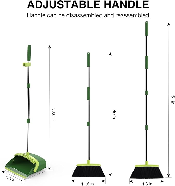Broom and Dustpan Set, 52-in Long Adjustable Handle Broom Dustpan Combo with Dust pan Teeth to Automatically Clean Hair Suitable for Home Kitchen Office Hall Floor（Green）
