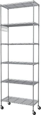 Homdox 6-Tier Storage Shelf Wire Shelving Unit Free Standing Rack Organization with Caster Wheels, Stainless Side Hooks, Silver Gray | Rack Organization, with Caster Wheels, Stainless Side Hooks