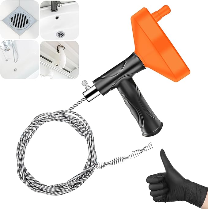 Drain Snake Auger, Plumbing Snake Drain Hair Clog Removal Tool, Heavy Duty Toilet Snake Auger, Sink Unclogger Drain Cleaner Tool for Bathroom Kitchen Tub Shower Drain Clog Remover with Gloves（33 Feet）