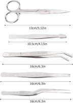 5pcs Plant Tweezers and Scissors, Long Stainless Steel Garden Bend Tongs Set with Straight Curved Flat Point Tip Multiple-Use Gardening Tools for Bonsai Reptile Feeding Kitchen Use