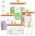 3+1 Pack Laundry Pods Container & Dryer Sheet Holder, Acrylic Square Laundry Room Organization and Storage Jars with Wooden Lids & Labels for Powder, Scent Booster, Detergent