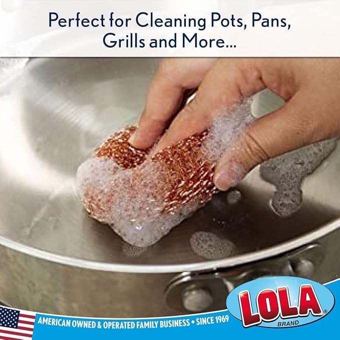 Copper Mesh Scouring Pad by LOLA, 144 Pack, 45 Grams, 4" Heavy Duty Cleaning Pads, Copper Coated Knitted Wire Mesh, Recyclable, Cleans Baked On Messes