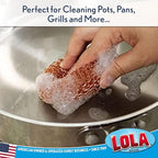 LOLA Copper Mesh Scouring Pad, 144 Pack, 45 Grams, 4" Heavy Duty Cleaning Pads, Copper Coated Knitted Wire Mesh, Recyclable, Cleans Baked On Messes