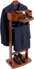 TFCFL Wooden Suit Rack with Drawer & Trouser Holder, Multi-functional Coat Stand for Hats/Scarves/Belts, Space-Saving Standing Suit Valet Stand for Home/Office, 22lbs Load Capacity (Brown)