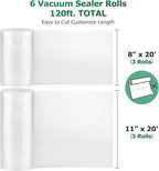 FRESKO Vacuum Sealer Bags Food Rolls 6 Packs - 8" x 20' & 11" x 20', Commercial Grade Seal a Meal Bags for Storage Food and Sous Vide, BPA Free, Customized Size for Vacuum Sealer