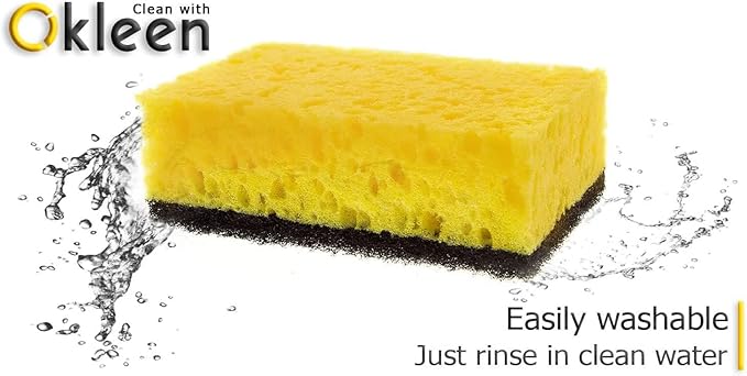 Yellow Multi Use Scrub Sponge. Made in Europe. 9 Pack, 4.3x2.8x1.4 inches. Odorless Heavy Duty and Non Scratch Fiber. Durable and Delicate Scrubber for Hard Dirty Surfaces in Daily Cleaning