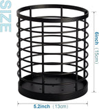 WDT Tool Utensil holder for Kitchen Counter - 5.2" x 5.2" x 6" Large Round Utensils Holder with Wooden Base Matte Black Cooking Utensil Holder，Kitchen countertop Utensil Organizer (Metal)