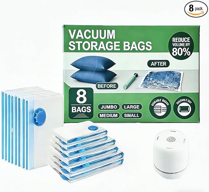 Vacuum Storage Bags with Electric Pump and Hand Pump,8 Pack Vacuum Seal Bags for Clothing,Space Saver Bags for Travel and Home(Jumbo 80 * 100)