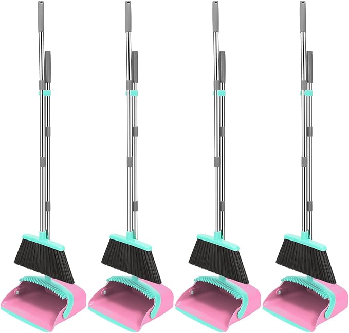 NACENA Broom and Dustpan Set, 52-in Long Adjustable Handle Broom Dustpan Combo with Dustpan Teeth to Automatically Clean Hair Suitable for Home Kitchen Office Hall Floor (Pink&Blue), 4 Pack