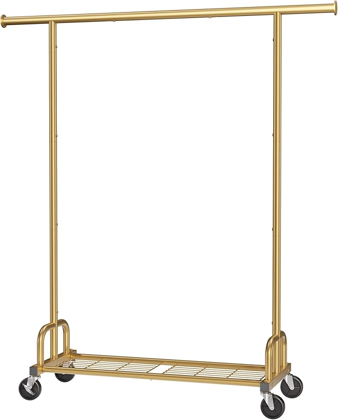 Sakugi Clothes Rack - Large-Capacity Clothing Racks for Hanging Clothes with Lockable Wheels, Space-Saving Metal Coat Rack for Bedroom, Laundry Room, Entryway, 45.6" x 16.9" x 59", Gold
