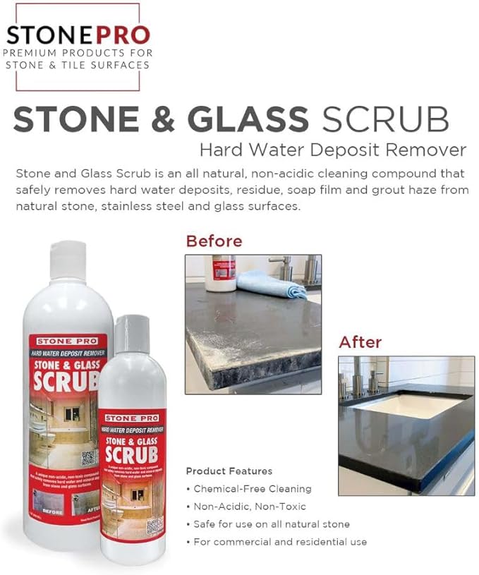 Stone Pro Stone and Glass Scrub - Hard Water Stain Remover - Remove Spots on Glass, Natural Stone, Quartz, & Metal Fixtures (Quart)