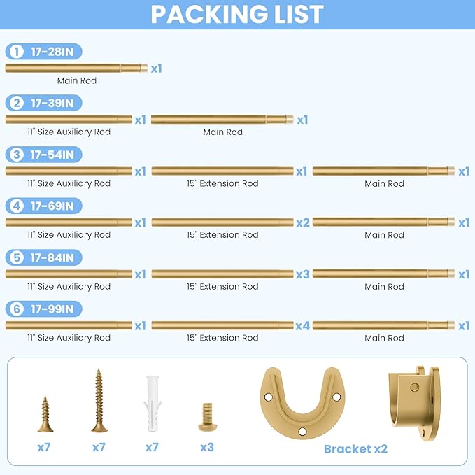 Closet Rods for Hanging Clothes, 17 to 69 Inch Heavy Duty Stepless Adjustable Closet Hanging Rod, 1.3 Inch Diameter Metal Closet Rod for Wardrobes Laundry Bedroom RV, Gold