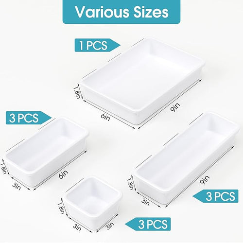 10 PCS Drawer Organizer Set, 4 Size Makeup Drawer Divider Organizer With Non-Slip Pads, Interlocking Plastic Storage Bins for Office,Jewelry Vanity,Gadgets, Bathroom,Kitchen, White