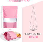 100PCS Mylar Bags for Food Storage, Smell Proof Bags Resealable Food Packaging for Small Business Stand Up Pouches with Window, 5.9" x8.7", Pink
