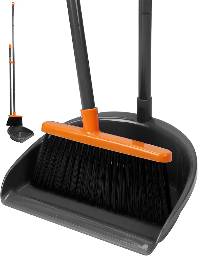 Long Handle Broom with Upright Standing Dustpan Combo for Office Home Kitchen Lobby Floor Cleaning