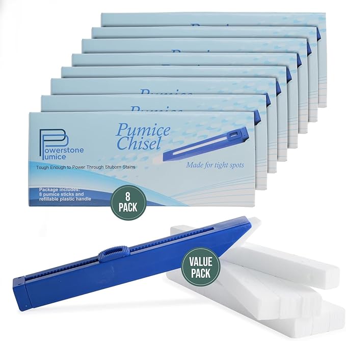 Powerstone Pumice Long Lasting Chisel Sticks - 8 Pack | Refillable Case with 8 Scouring Sticks to Remove Stains, Limescale & Carbon Buildup from Stoves, Ovens, BBQ Grills, Sinks, Tiles, Toilets & More