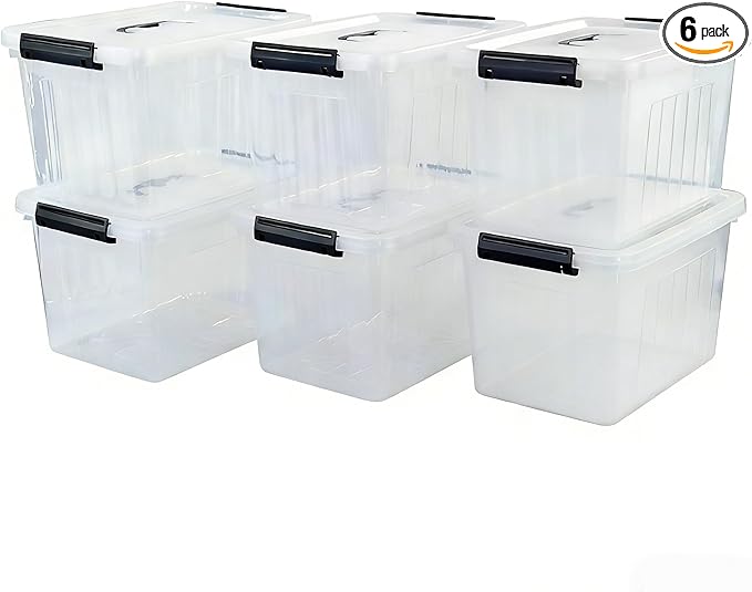 Plastic Storage Bins with Lids, 6 Pack Storage Organizer, 10 L Stackable Storage Bins with Buckle-Up Latches and Handle, Storage Totes for Home Office Pantry Organization, Clear